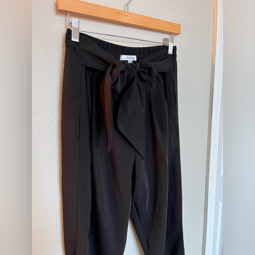 Black dress pants / trousers with adjustable belt/sash and elastic waistband.